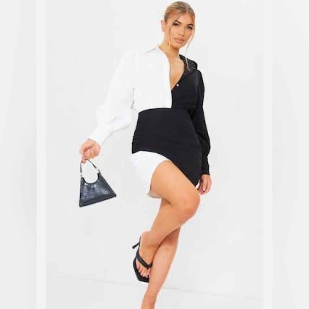 MONOCHROME CONTRAST DETAIL LONG SLEEVE SHIRT DRESS - Picture 3 of 7